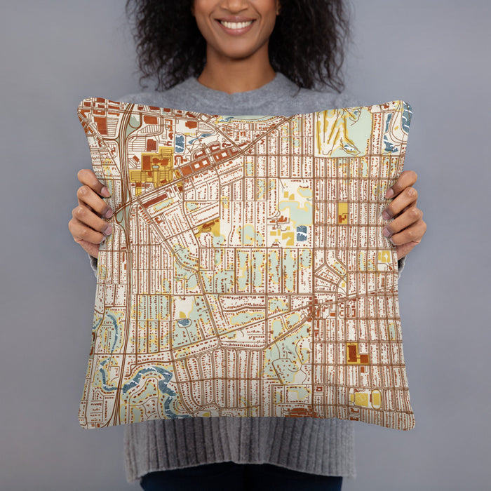 Person holding 18x18 Custom Morningside Minnesota Map Throw Pillow in Woodblock