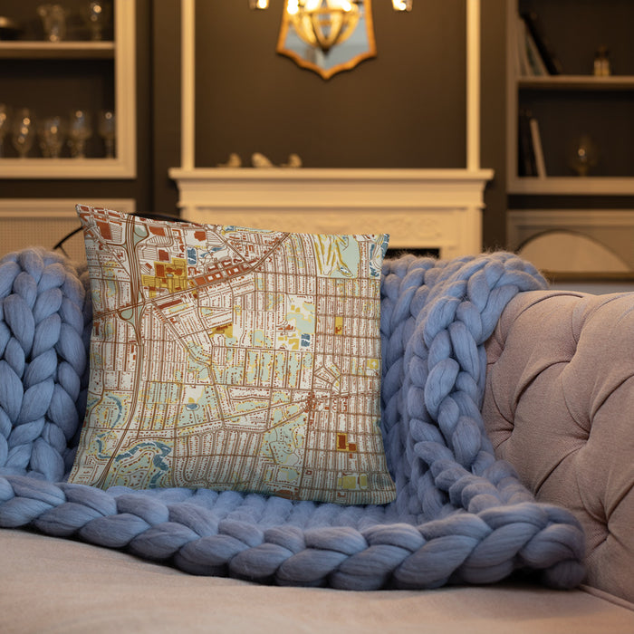 Custom Morningside Minnesota Map Throw Pillow in Woodblock on Cream Colored Couch
