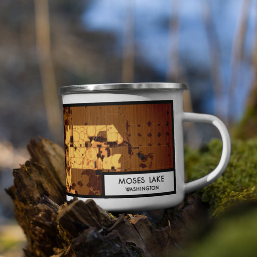 Right View Custom Moses Lake Washington Map Enamel Mug in Ember on Grass With Trees in Background