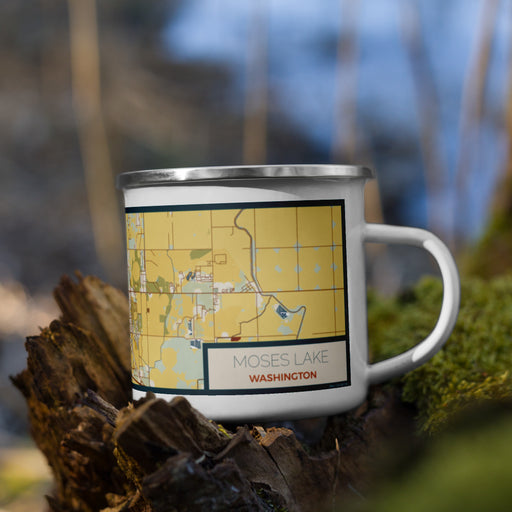 Right View Custom Moses Lake Washington Map Enamel Mug in Woodblock on Grass With Trees in Background