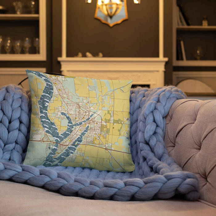 Custom Moses Lake Washington Map Throw Pillow in Woodblock on Cream Colored Couch