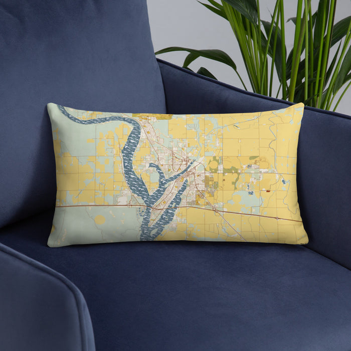 Custom Moses Lake Washington Map Throw Pillow in Woodblock on Blue Colored Chair