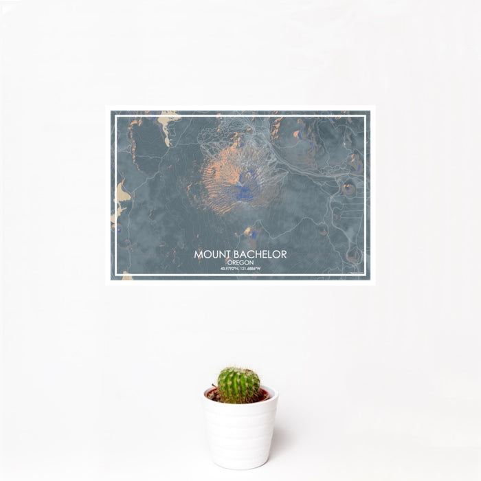 12x18 Mount Bachelor Oregon Map Print Landscape Orientation in Afternoon Style With Small Cactus Plant in White Planter