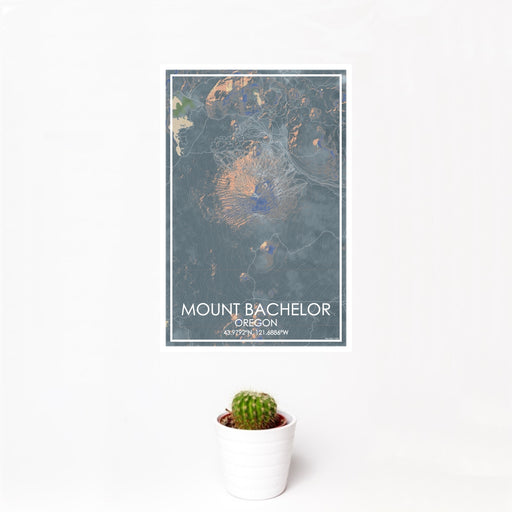 12x18 Mount Bachelor Oregon Map Print Portrait Orientation in Afternoon Style With Small Cactus Plant in White Planter