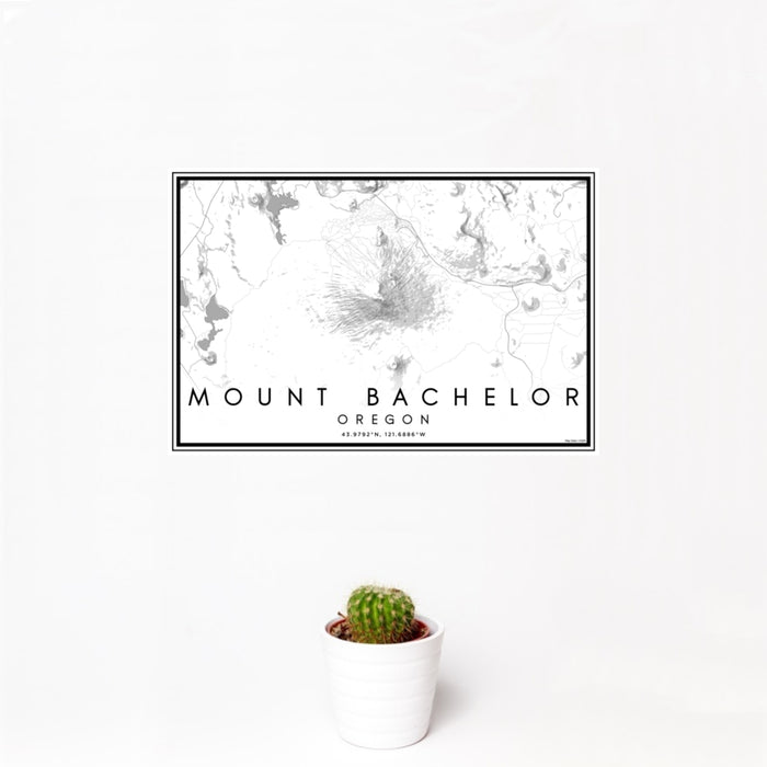 12x18 Mount Bachelor Oregon Map Print Landscape Orientation in Classic Style With Small Cactus Plant in White Planter