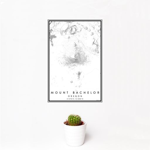 12x18 Mount Bachelor Oregon Map Print Portrait Orientation in Classic Style With Small Cactus Plant in White Planter