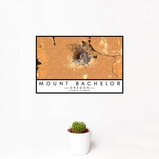 12x18 Mount Bachelor Oregon Map Print Landscape Orientation in Ember Style With Small Cactus Plant in White Planter