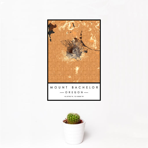 12x18 Mount Bachelor Oregon Map Print Portrait Orientation in Ember Style With Small Cactus Plant in White Planter
