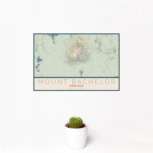 12x18 Mount Bachelor Oregon Map Print Landscape Orientation in Woodblock Style With Small Cactus Plant in White Planter
