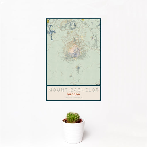 12x18 Mount Bachelor Oregon Map Print Portrait Orientation in Woodblock Style With Small Cactus Plant in White Planter