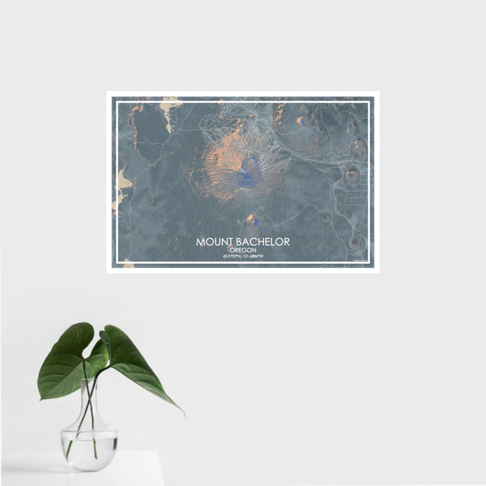 16x24 Mount Bachelor Oregon Map Print Landscape Orientation in Afternoon Style With Tropical Plant Leaves in Water