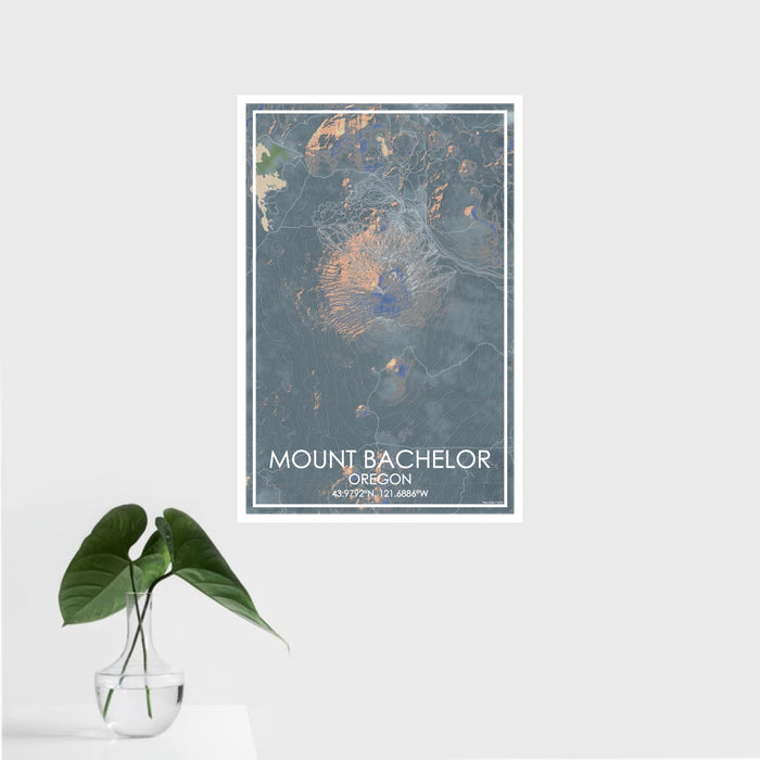 16x24 Mount Bachelor Oregon Map Print Portrait Orientation in Afternoon Style With Tropical Plant Leaves in Water