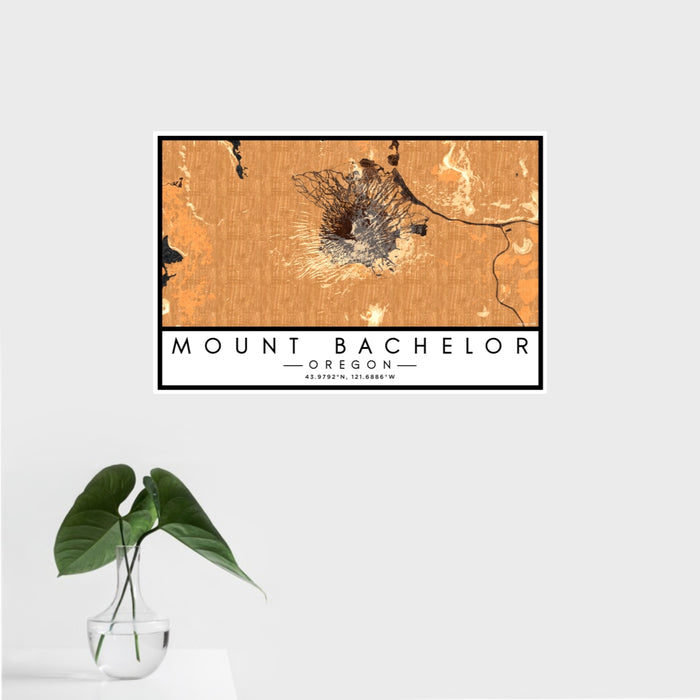 16x24 Mount Bachelor Oregon Map Print Landscape Orientation in Ember Style With Tropical Plant Leaves in Water