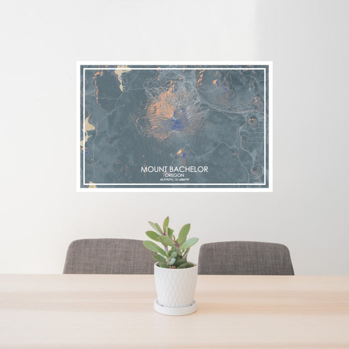 24x36 Mount Bachelor Oregon Map Print Lanscape Orientation in Afternoon Style Behind 2 Chairs Table and Potted Plant
