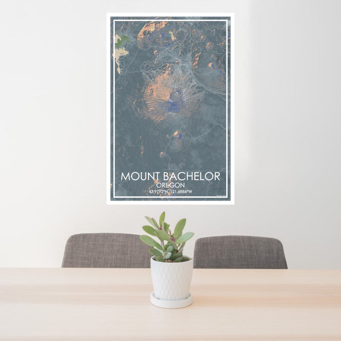 24x36 Mount Bachelor Oregon Map Print Portrait Orientation in Afternoon Style Behind 2 Chairs Table and Potted Plant