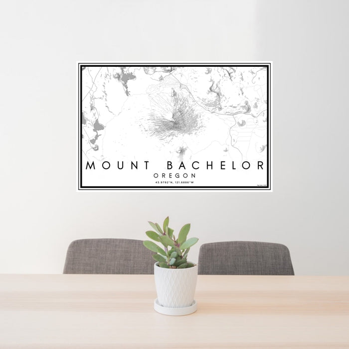 24x36 Mount Bachelor Oregon Map Print Lanscape Orientation in Classic Style Behind 2 Chairs Table and Potted Plant