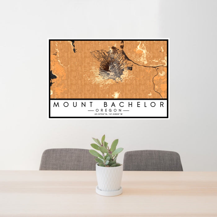 24x36 Mount Bachelor Oregon Map Print Lanscape Orientation in Ember Style Behind 2 Chairs Table and Potted Plant
