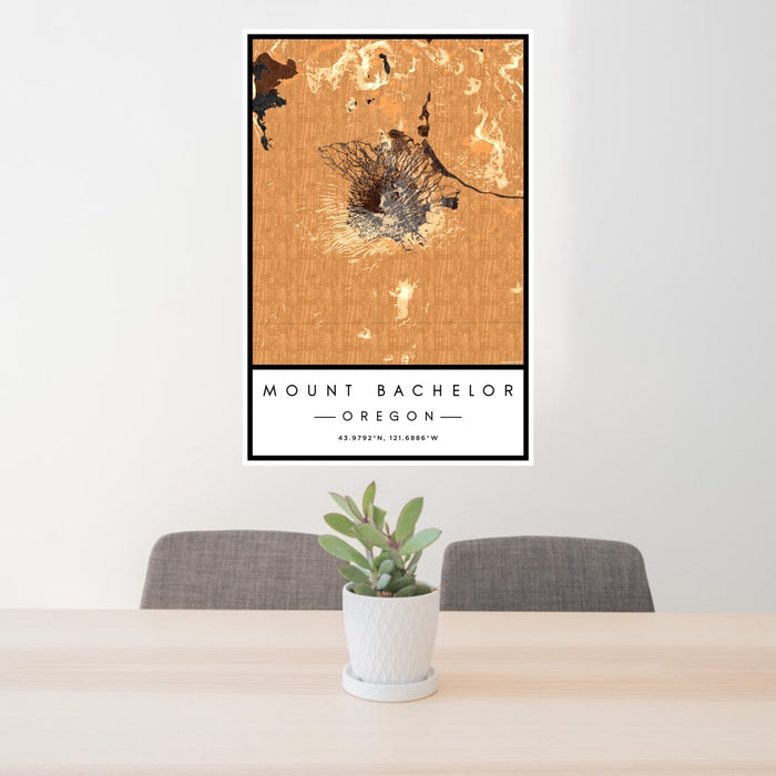 24x36 Mount Bachelor Oregon Map Print Portrait Orientation in Ember Style Behind 2 Chairs Table and Potted Plant