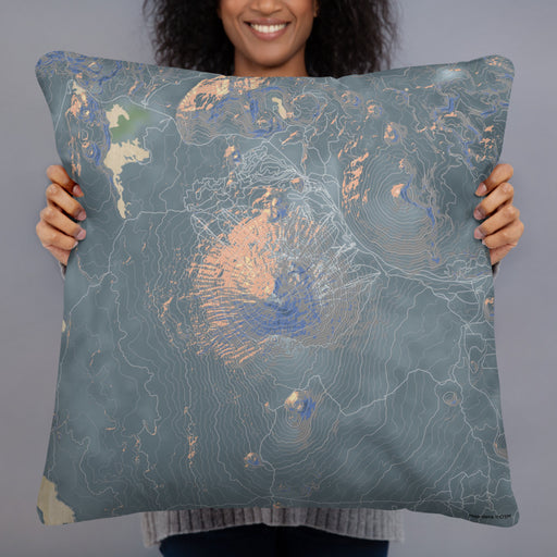 Person holding 22x22 Custom Mount Bachelor Oregon Map Throw Pillow in Afternoon