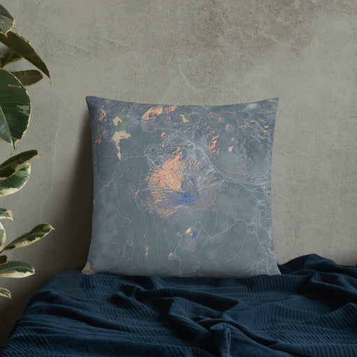 Custom Mount Bachelor Oregon Map Throw Pillow in Afternoon on Bedding Against Wall