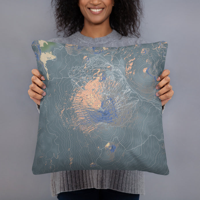 Person holding 18x18 Custom Mount Bachelor Oregon Map Throw Pillow in Afternoon