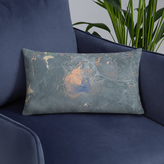 Custom Mount Bachelor Oregon Map Throw Pillow in Afternoon on Blue Colored Chair