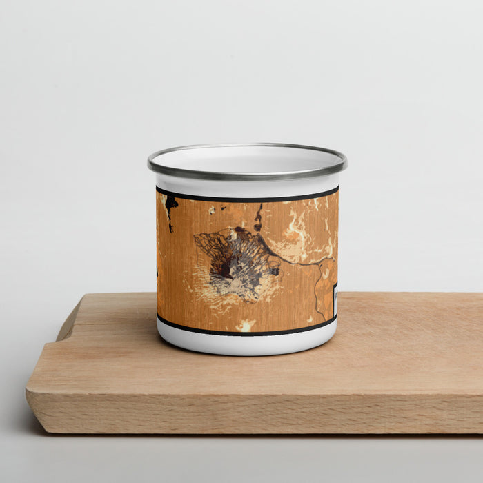 Front View Custom Mount Bachelor Oregon Map Enamel Mug in Ember on Cutting Board