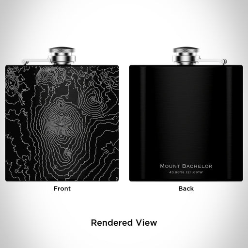 Rendered View of Mount Bachelor Oregon Map Engraving on 6oz Stainless Steel Flask in Black
