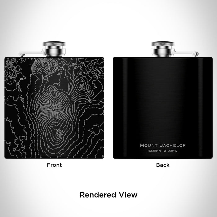 Rendered View of Mount Bachelor Oregon Map Engraving on 6oz Stainless Steel Flask in Black
