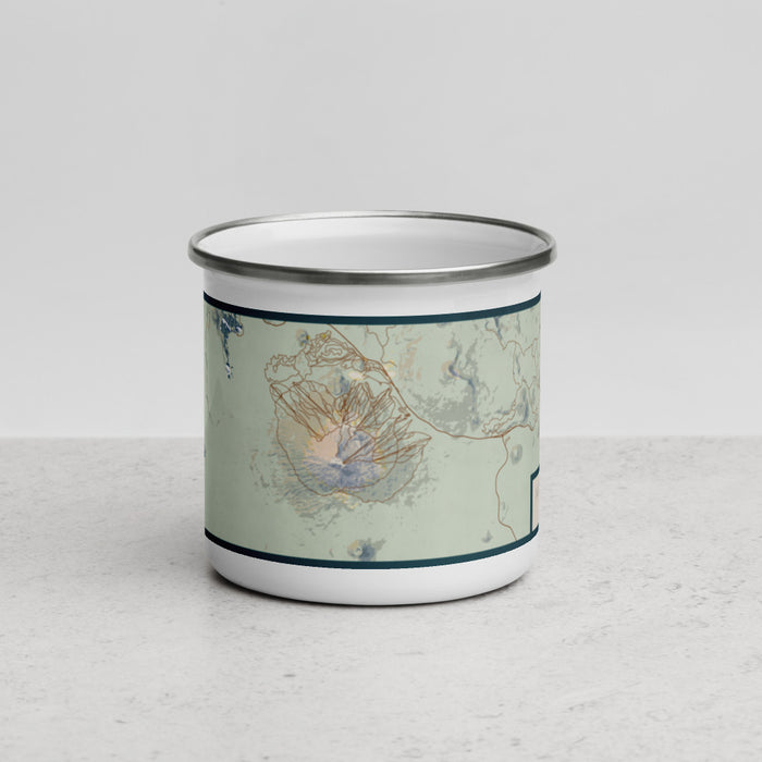 Front View Custom Mount Bachelor Oregon Map Enamel Mug in Woodblock