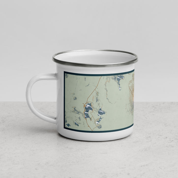 Left View Custom Mount Bachelor Oregon Map Enamel Mug in Woodblock