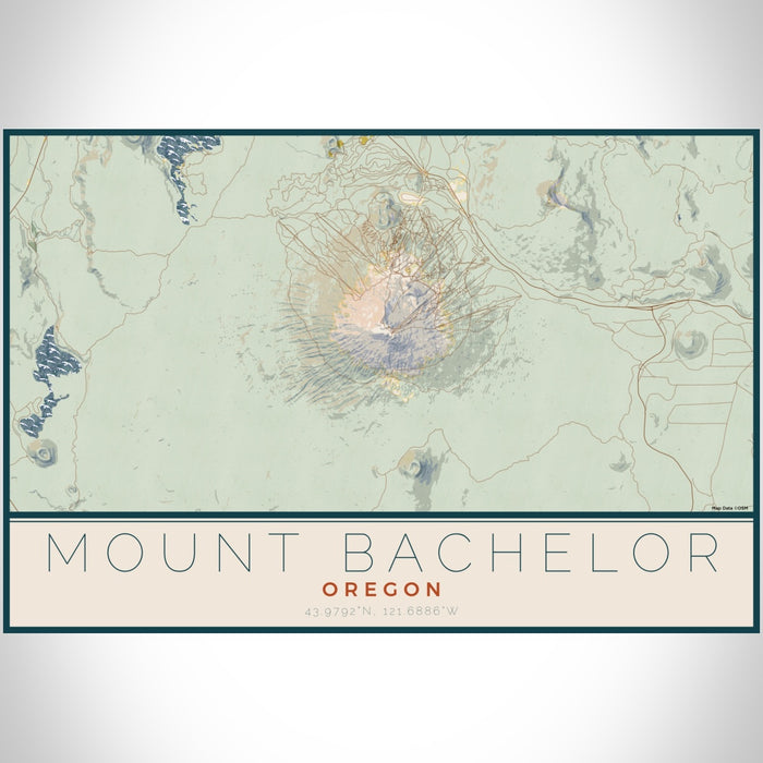Mount Bachelor Oregon Map Print Landscape Orientation in Woodblock Style With Shaded Background