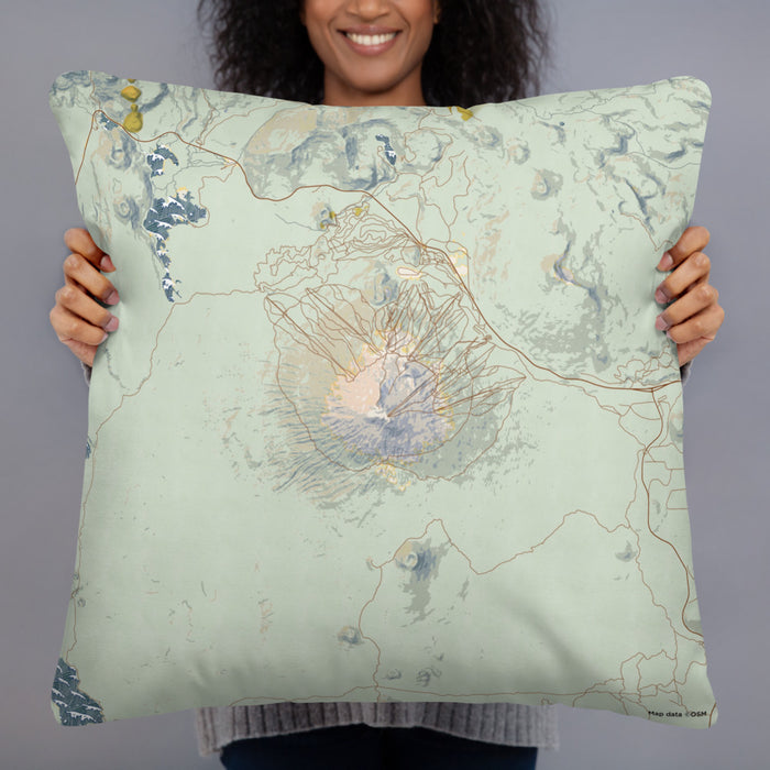Person holding 22x22 Custom Mount Bachelor Oregon Map Throw Pillow in Woodblock