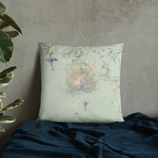Custom Mount Bachelor Oregon Map Throw Pillow in Woodblock on Bedding Against Wall