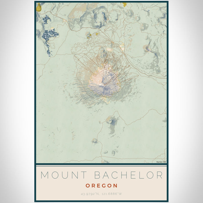 Mount Bachelor Oregon Map Print Portrait Orientation in Woodblock Style With Shaded Background