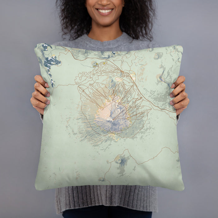 Person holding 18x18 Custom Mount Bachelor Oregon Map Throw Pillow in Woodblock