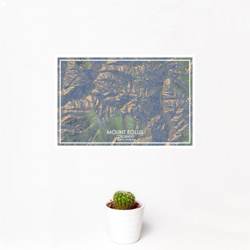 12x18 Mount Eolus Colorado Map Print Landscape Orientation in Afternoon Style With Small Cactus Plant in White Planter