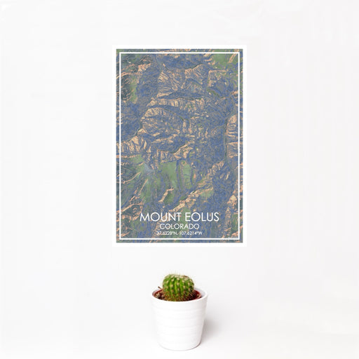 12x18 Mount Eolus Colorado Map Print Portrait Orientation in Afternoon Style With Small Cactus Plant in White Planter