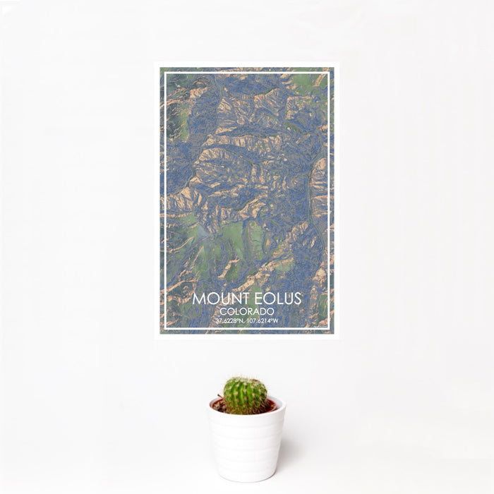 12x18 Mount Eolus Colorado Map Print Portrait Orientation in Afternoon Style With Small Cactus Plant in White Planter