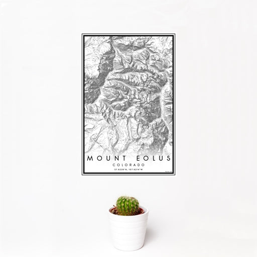 12x18 Mount Eolus Colorado Map Print Portrait Orientation in Classic Style With Small Cactus Plant in White Planter