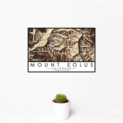 12x18 Mount Eolus Colorado Map Print Landscape Orientation in Ember Style With Small Cactus Plant in White Planter