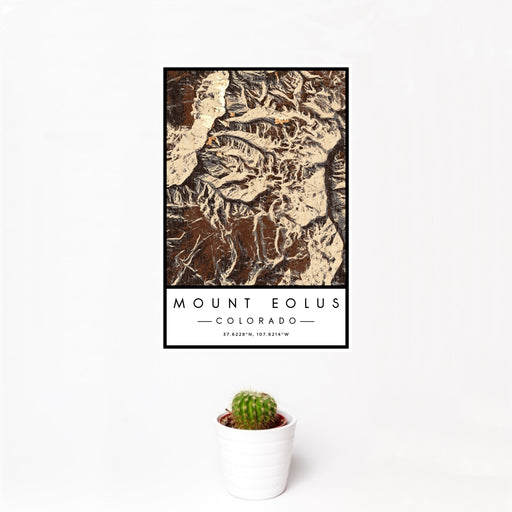 12x18 Mount Eolus Colorado Map Print Portrait Orientation in Ember Style With Small Cactus Plant in White Planter