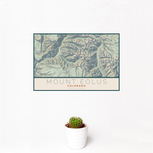 12x18 Mount Eolus Colorado Map Print Landscape Orientation in Woodblock Style With Small Cactus Plant in White Planter