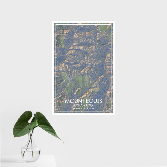 16x24 Mount Eolus Colorado Map Print Portrait Orientation in Afternoon Style With Tropical Plant Leaves in Water