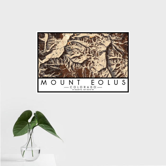 16x24 Mount Eolus Colorado Map Print Landscape Orientation in Ember Style With Tropical Plant Leaves in Water