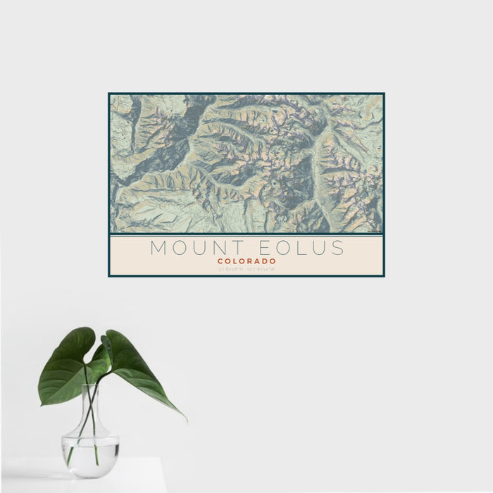 16x24 Mount Eolus Colorado Map Print Landscape Orientation in Woodblock Style With Tropical Plant Leaves in Water