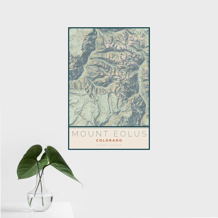 16x24 Mount Eolus Colorado Map Print Portrait Orientation in Woodblock Style With Tropical Plant Leaves in Water
