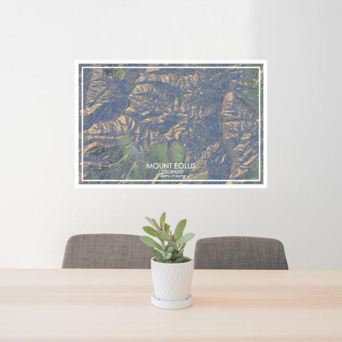24x36 Mount Eolus Colorado Map Print Lanscape Orientation in Afternoon Style Behind 2 Chairs Table and Potted Plant