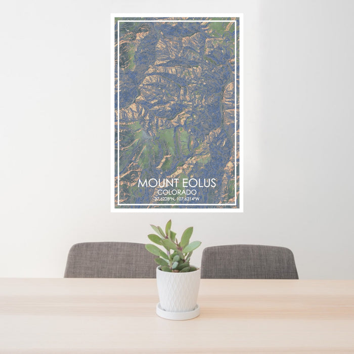 24x36 Mount Eolus Colorado Map Print Portrait Orientation in Afternoon Style Behind 2 Chairs Table and Potted Plant