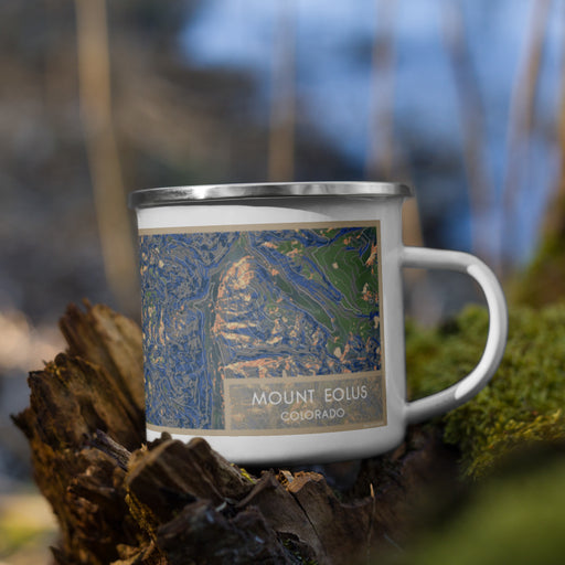 Right View Custom Mount Eolus Colorado Map Enamel Mug in Afternoon on Grass With Trees in Background